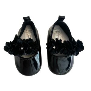 (NWOT) Elegant Baby Girl Black Dress Shoes w/Floral & Rhinestone Details, Size 1